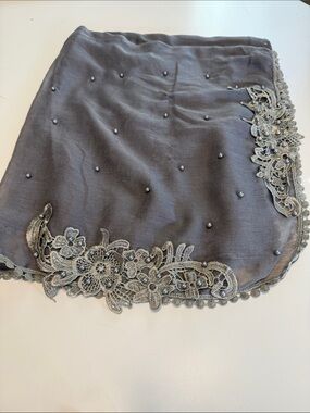 Brand New soft cotton Grey Embellished Lace-Trim Scarf shawl